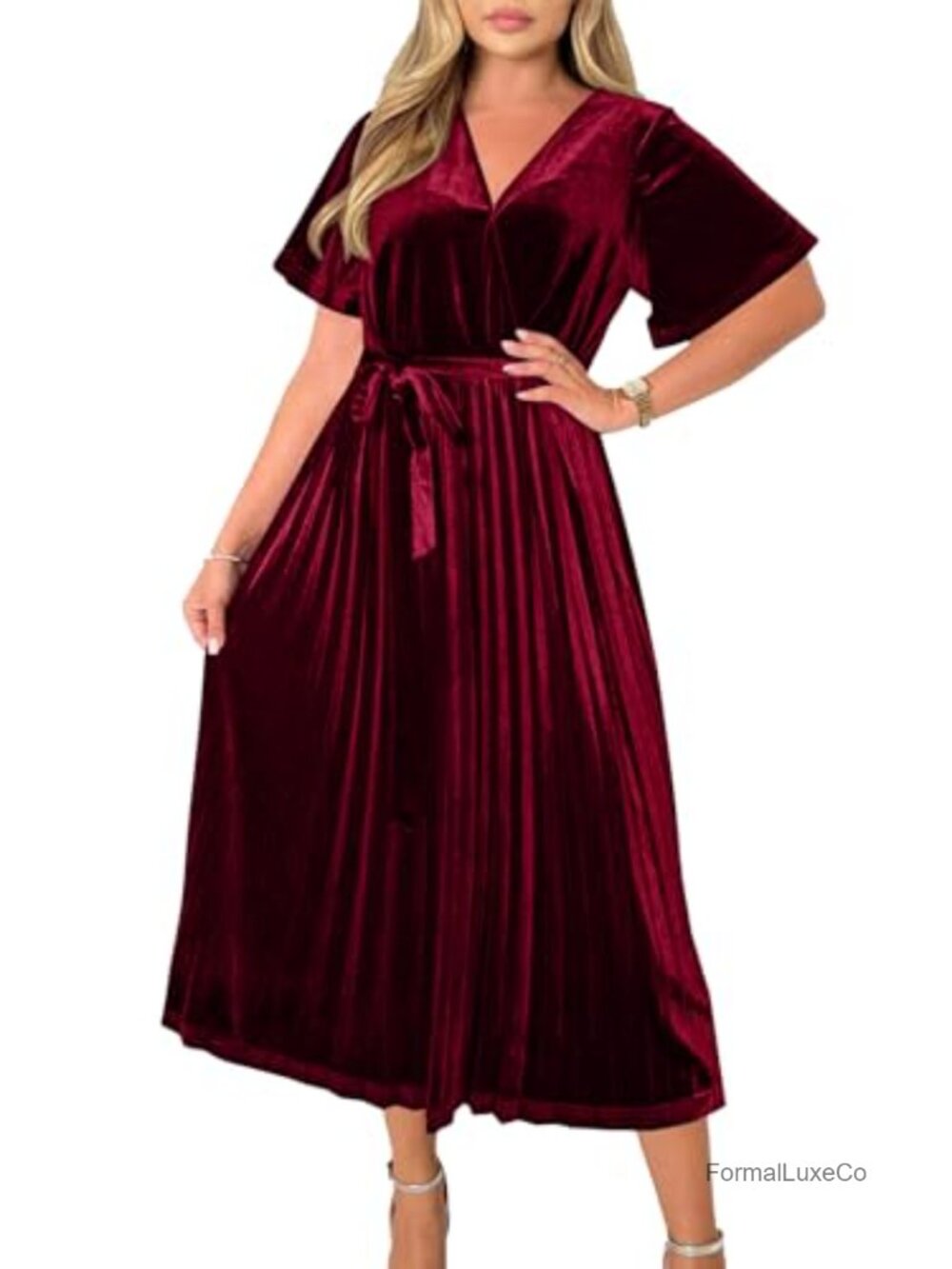 Women's Velvet Ruffle Pleated V-Neck Faux Wrap Cocktail Midi Dress